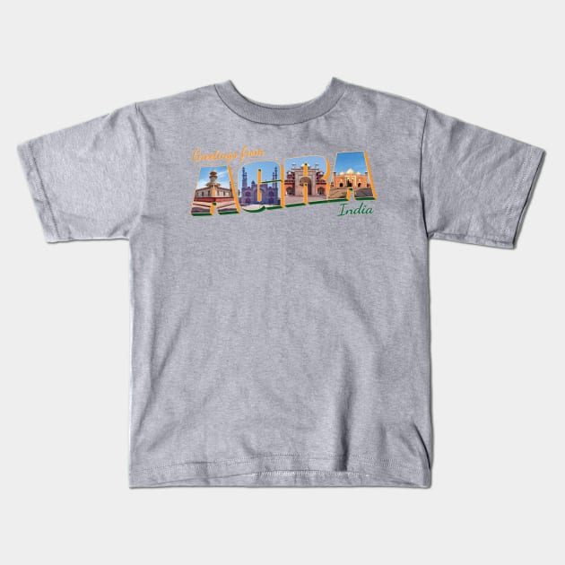 Greetings from Agra in India Vintage style retro souvenir Kids T-Shirt by DesignerPropo